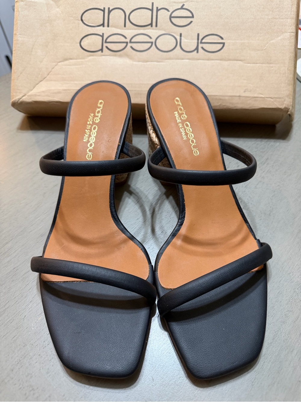 Andre Assous Black Double-Strap Square-Toe Sandals Size 9